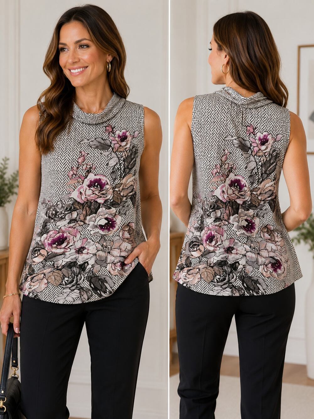 White House Black Market Silk Floral Herringbone Sleeveless Top Size L